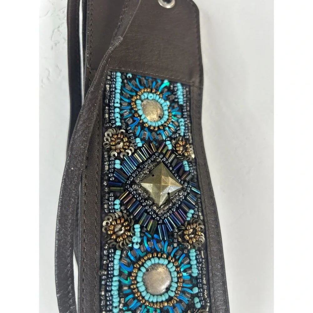 Beaded Faux Leather Embellished Fringe Tie Belt Southwestern Boho Festival OS